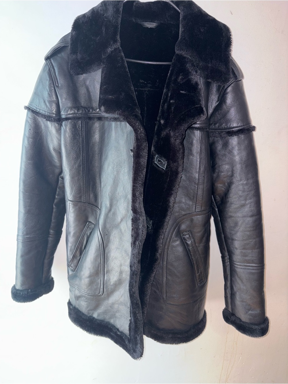 Unisex Black Shearling Leather Coat - Classic Winter Jacket